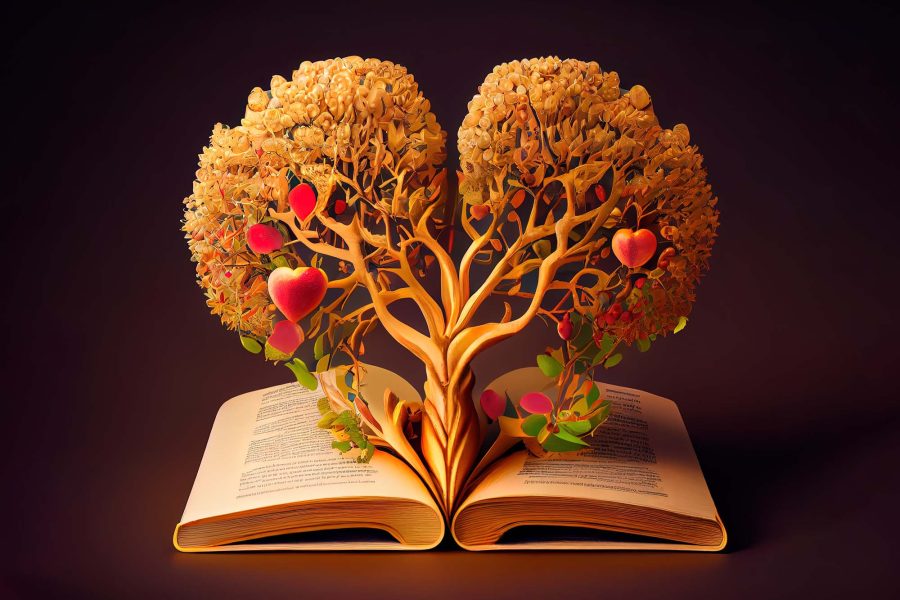 Golden tree with heart shaped fruits growing from the old book. Generative Ai